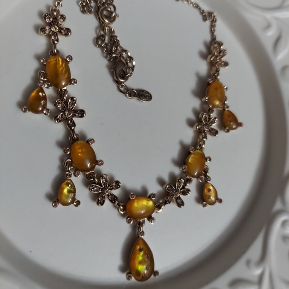 Monet Gold/Faux Amber & Pave' Flower Necklace - Picture 9 of 9